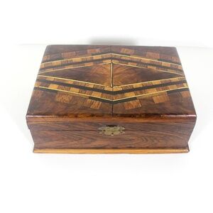 Antique Wood Inlay Box, Hinged Lid Exotic Wood, Brown Inlaid Trinket, Jewelry